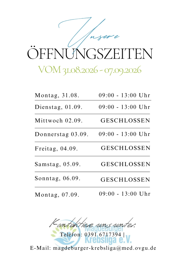 Öffnungszeiten vom 31.08.2026-07.09.2026